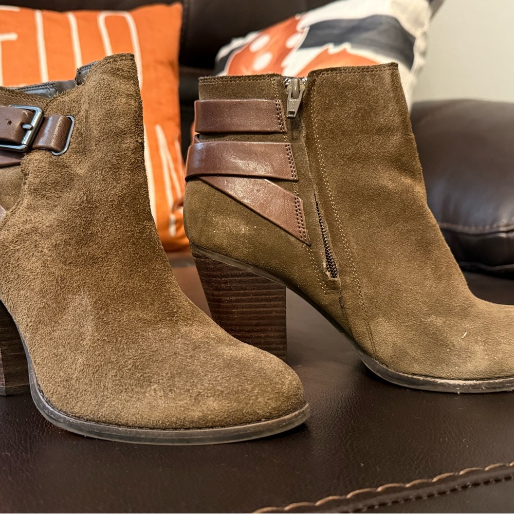 Gianni Bini Olive Suede Ankle Boots with Brown Accents